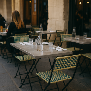 Super-Seat | Werzalit-Terrassentischplatten Schiefer 120x70cm | Grijze schiefer tafels, metalen stoelen; glazen en karaffen op tafel, leeg behalve twee gasten. | Horecameubilair