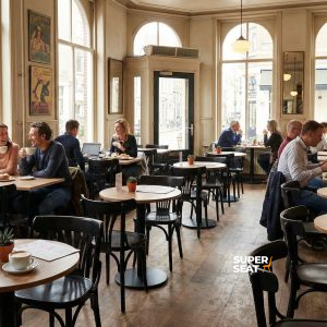 Super-Seat | Schwarze Thon-Holzstühle, Holztische, große Fenster und ein warmer Holzboden in einem sonnigen Café. | Catering Möbel