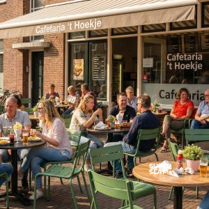 Super-Seat | Cafeteria 't Hoekje | Grüne Metallstapelstühle und -tische draußen auf der Terrasse eines Backstein-Cafés mit großen Fenstern. | Catering Möbel
