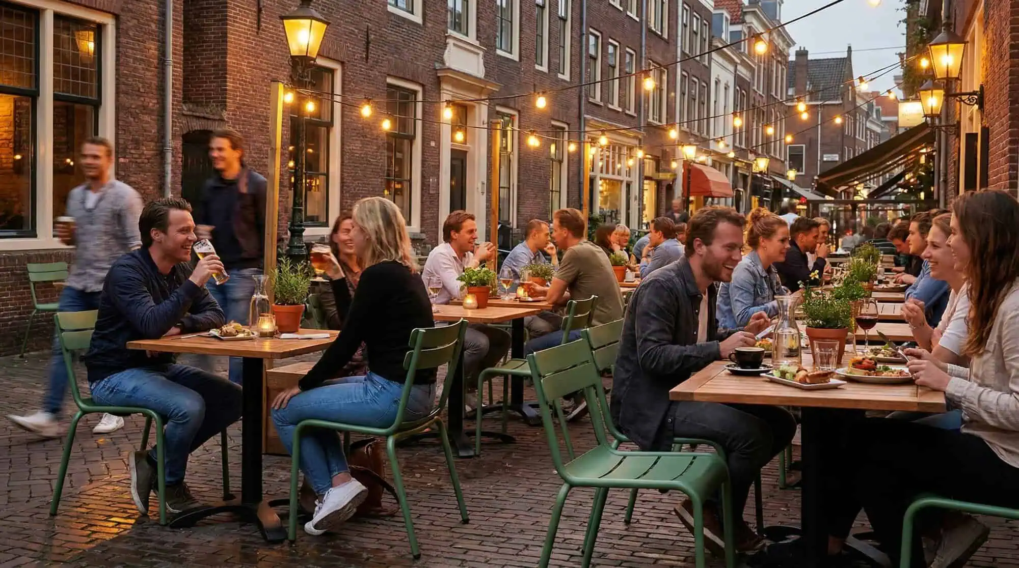 Super-Seat | Stapelstühle aus Metall und Holztische auf einer Terrasse, die von alten Backsteinbauten umgeben ist. | Catering Möbel