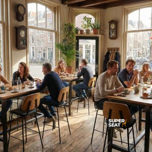 Super-Seat | Holztische und schwarze/holzfarbene Barhocker, Pflanzen, Holzboden, viel Licht, große Fenster. | Catering Möbel