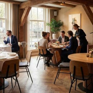 Super-Seat | Bistrostühle, Tische & Barhocker | Holz/Schwarz Miles Retro-Stühle an Holztischen in hellem Raum mit Balken und Fenstern. | Catering Möbel