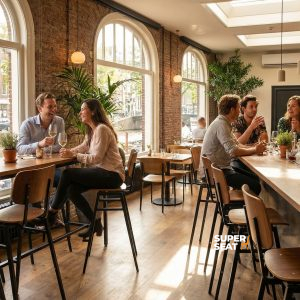 Super-Seat | Rietveld Industrie-Barhocker braun/schwarz | Braune/schwarze Metall-Barhocker an Holztischen in einem Café mit Backsteinwänden, Holzboden, viel Licht. | Catering Möbel