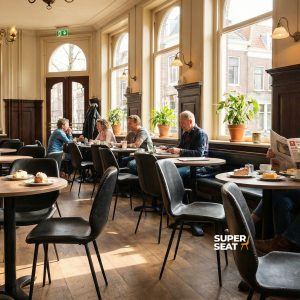 Super-Seat | Luxemburger Gastfreundschaft Stapelstühle grün | Grüne Metall-Stapelstühle und Holztische in hellem Café mit Pflanzen und Gästen. | Catering Möbel