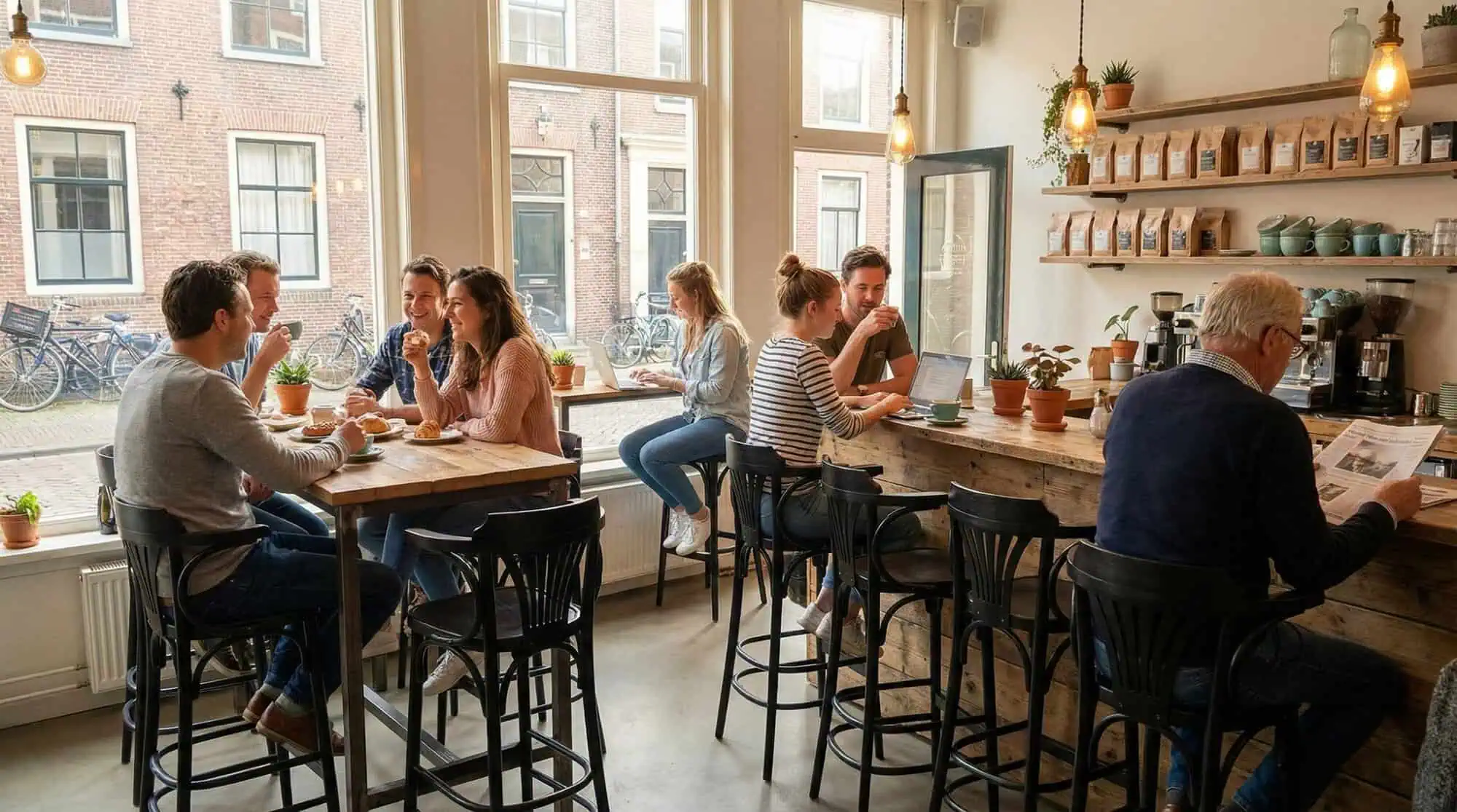 Super-Seat | Barhocker, Tische und Stühle aus schwarzem Holz; viel Licht durch große Fenster in der Kaffeebar. | Catering Möbel