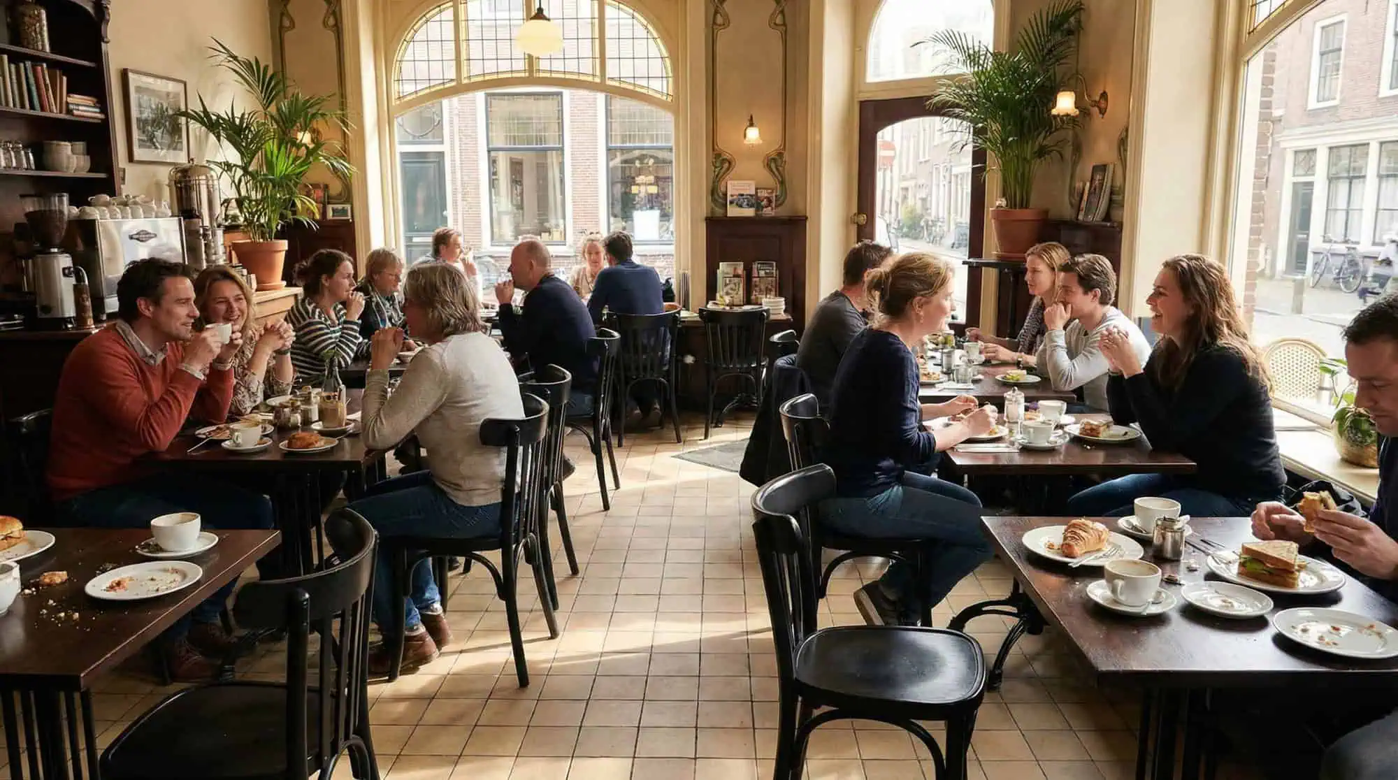 Super-Seat | Schwarze Holzstühle mit geschwungenem Teppichboden an Holztischen in einem hellen, gemütlichen Café. | Catering Möbel