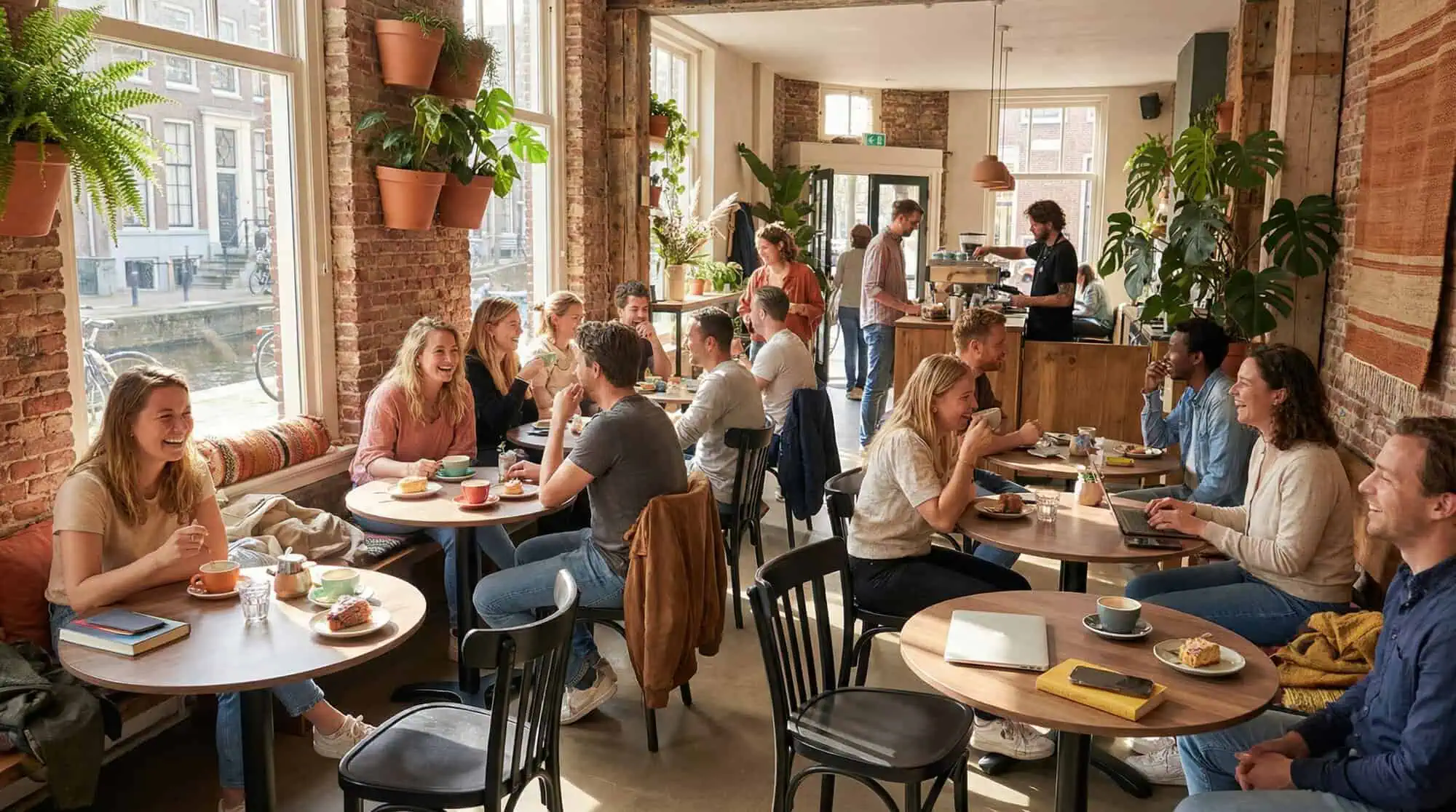 Super-Seat | Café Interieur | Schwarze Thonet-Holzstühle, runde Tische, Backsteinwände, viel Licht und Grün im Café. | Catering Möbel