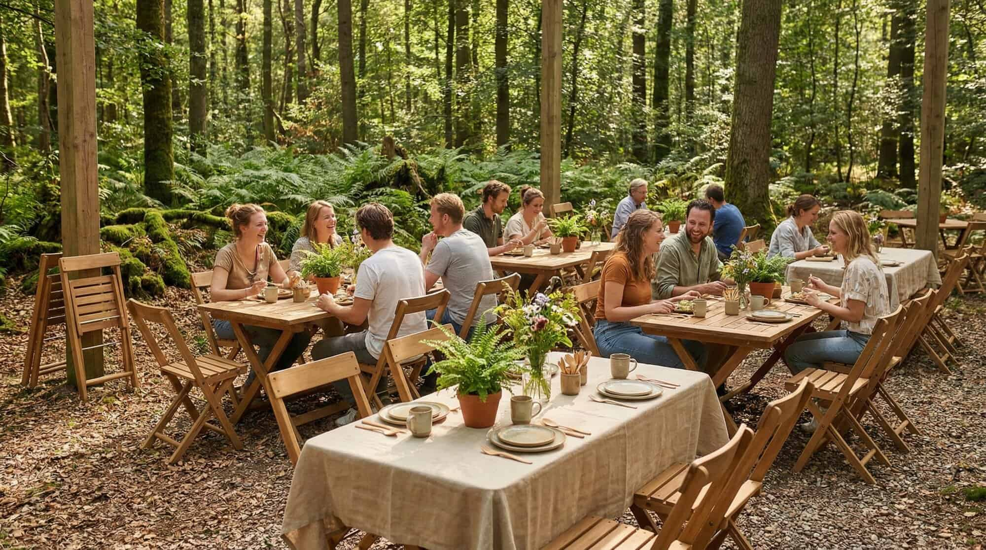 Super-Seat | Holztische mit beigen Teppichen, Klappstühle aus Holz, viel Grün im Wald. | Catering Möbel