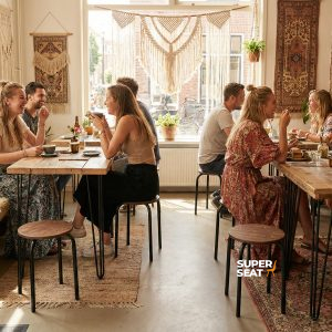 Super-Seat | Café Interior | Brown Tabouret Vanitas Hocker und Holztische, Backsteinwände, Teppiche, viel Sonne und Pflanzen. | Catering Möbel