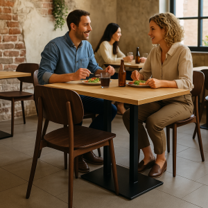 Super-Seat | Skandinavisches Design Stühle Bonn braun | Bruine stoffen stoelen met houten poten en een houten tafel in warme tinten. | Horecameubilair