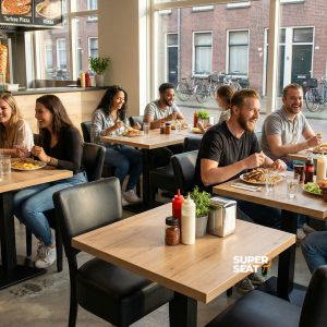 Super-Seat | Schwarze Metallstühle, Holztische, Gäste essen und trinken in einem hellen Restaurant mit großen Fenstern. | Catering Möbel