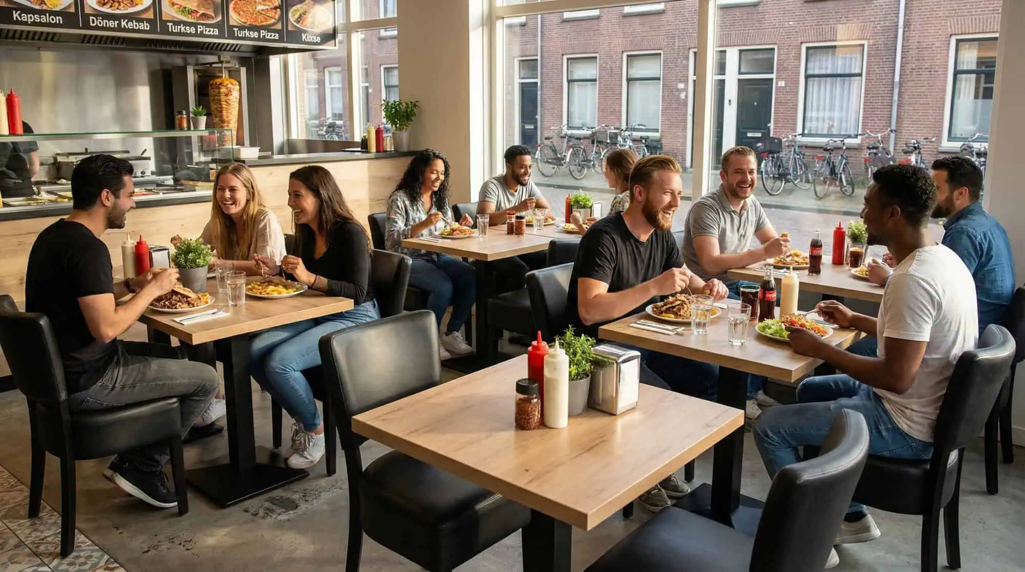 Super-Seat | Schwarze Metallstühle, Holztische, Gäste essen und trinken in einem hellen Restaurant mit großen Fenstern. | Catering Möbel