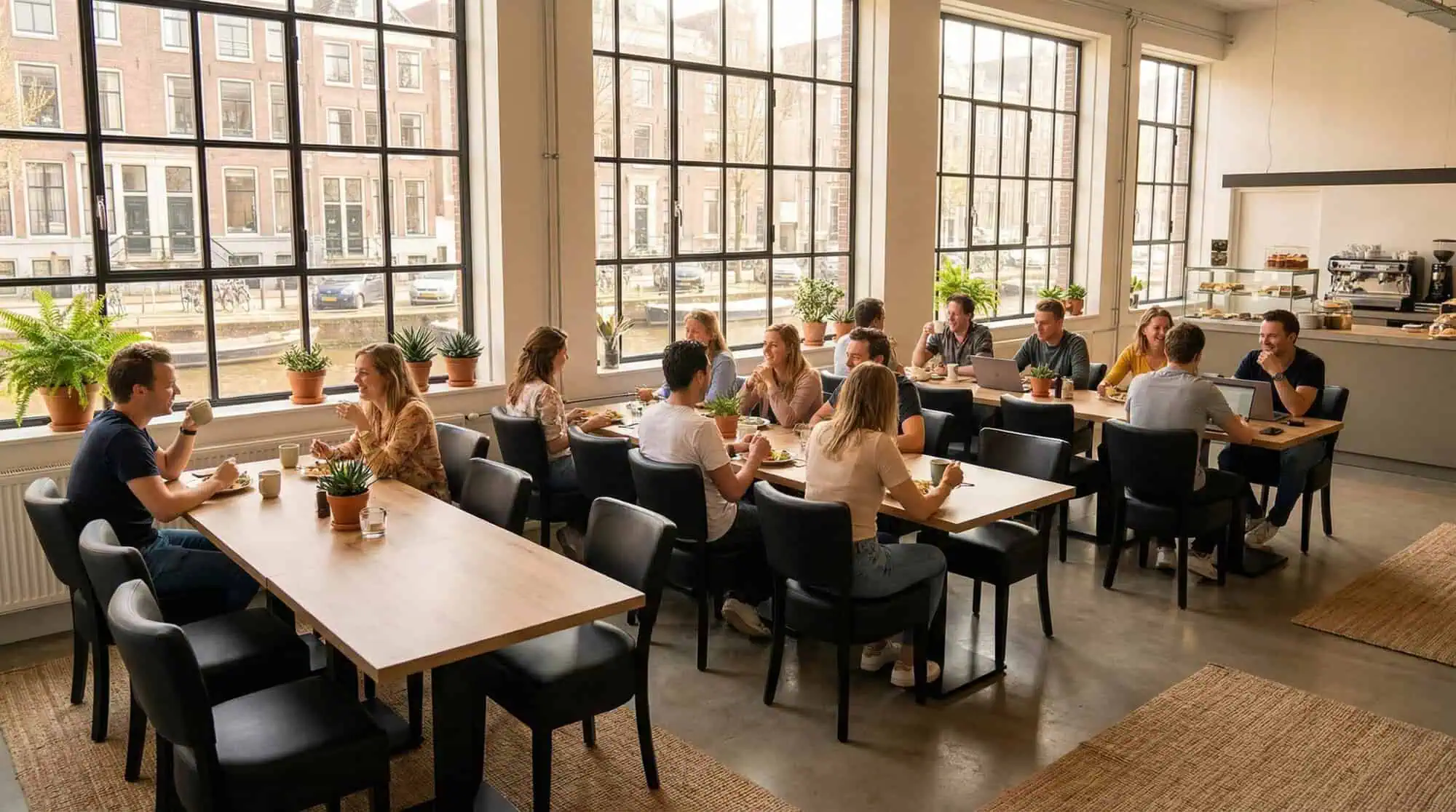 Super-Seat | Schwarze Metallstühle an hellen Tischen; gemütlicher Raum mit Pflanzen und Essensbar im Hintergrund. | Catering Möbel