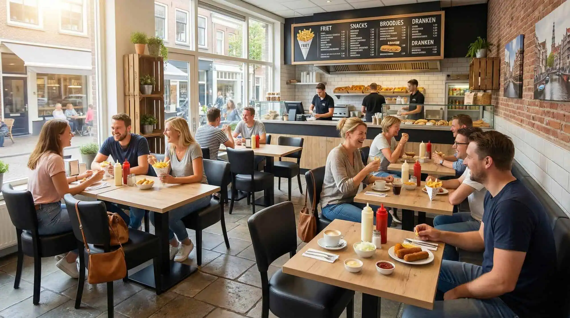 Super-Seat | Lisa Rome Catering-Stühle schwarz | Schwarze Lederstühle, Holztische, Gäste essen Pommes in einem modernen Restaurant mit viel Licht. | Catering Möbel