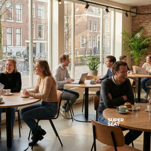 Super-Seat | Schloss Eiche Melamin-Tischplatten im Café | Runde Eiche Melamin-Tische, Metallstühle, Backsteinwände, große Fenster. | Catering Möbel