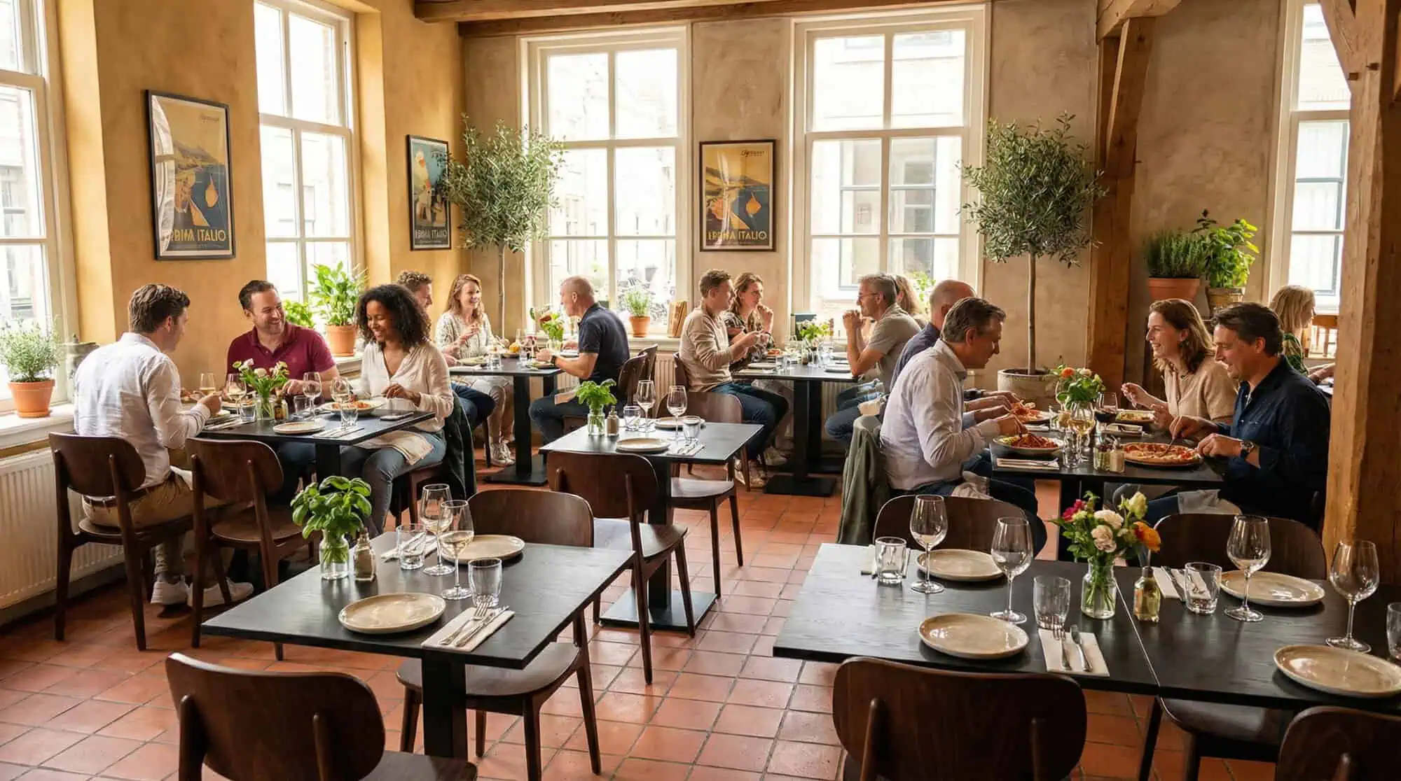 Super-Seat | Skandinavische Designerstühle Bonn braun | Braune Holztische, Stühle und Barhocker in einem modernen Restaurant mit großen Fenstern. | Catering Möbel