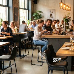 Super-Seat |Holztische, schwarze Lederbarhocker, viel Licht und Grünpflanzen in einem modernen Restaurant. | Catering Möbel