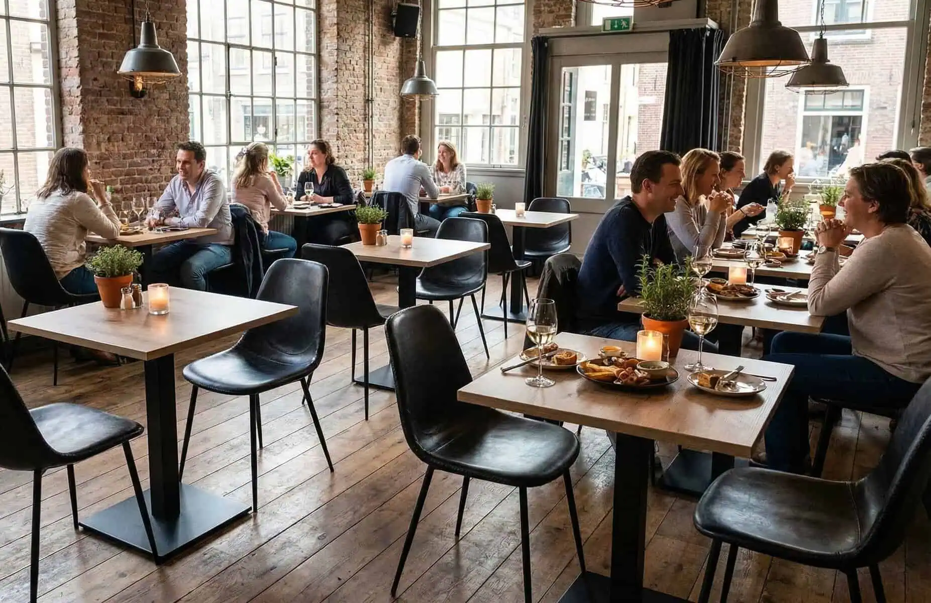 Super-Seat | Charlie vintage leather bucket chair black Schwarze Lederstühle und Holztische, Backsteinwände, Holzboden, große Fenster. | Catering Möbel