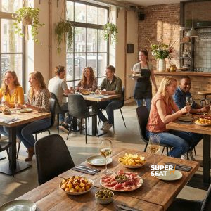 Super-Seat | Charlie vintage Lederschalensitze schwarz Schwarze Lederstühle an Holztischen in hellem Restaurant mit großen Fenstern. | Catering Möbel