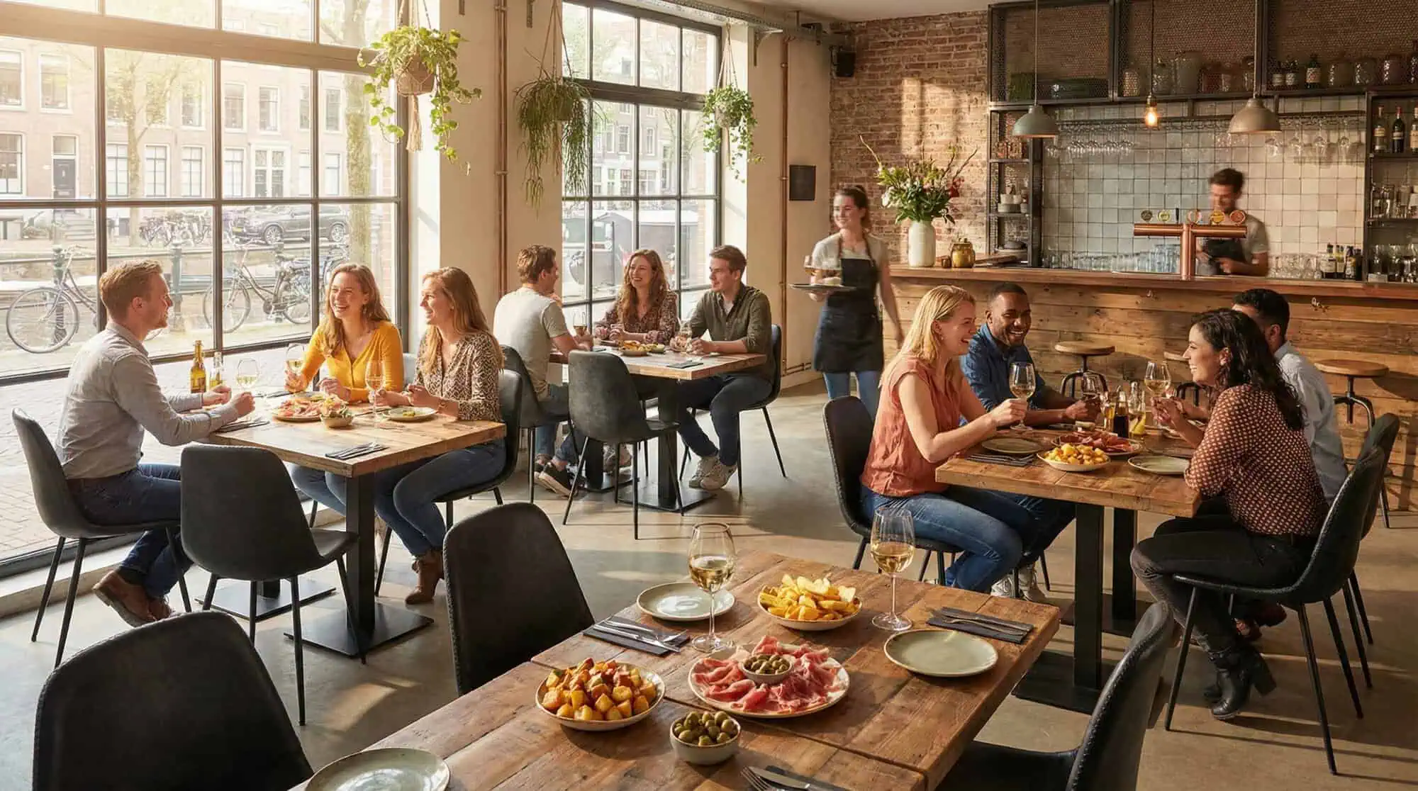 Super-Seat | Charlie vintage Lederschalensitze schwarz Schwarze Lederstühle an Holztischen in hellem Restaurant mit großen Fenstern. | Catering Möbel