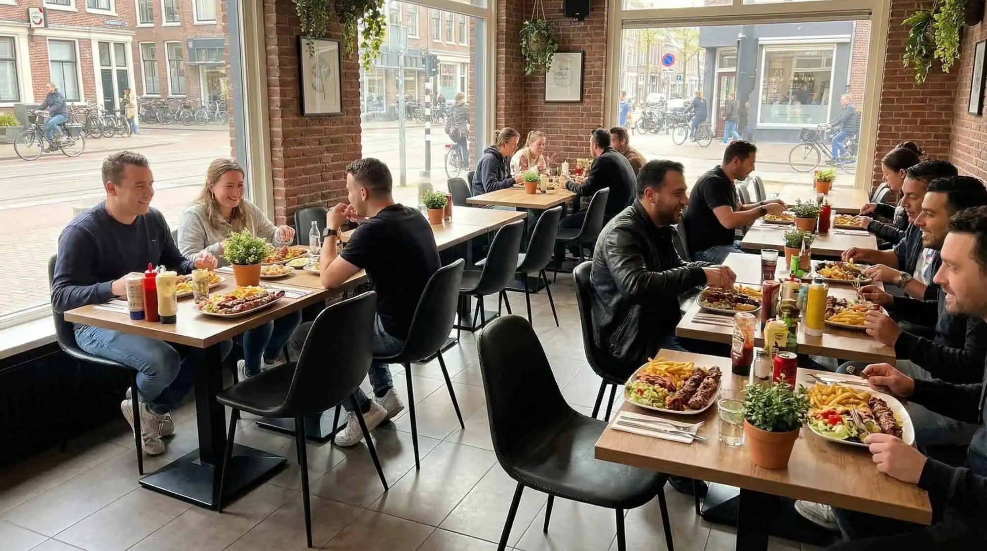 Super-Seat | Charlie vintage Lederschalensitze schwarz Schwarze Lederschalensitze, Holztische und Barhocker in einem Restaurant mit Backsteinwänden. | Catering Möbel