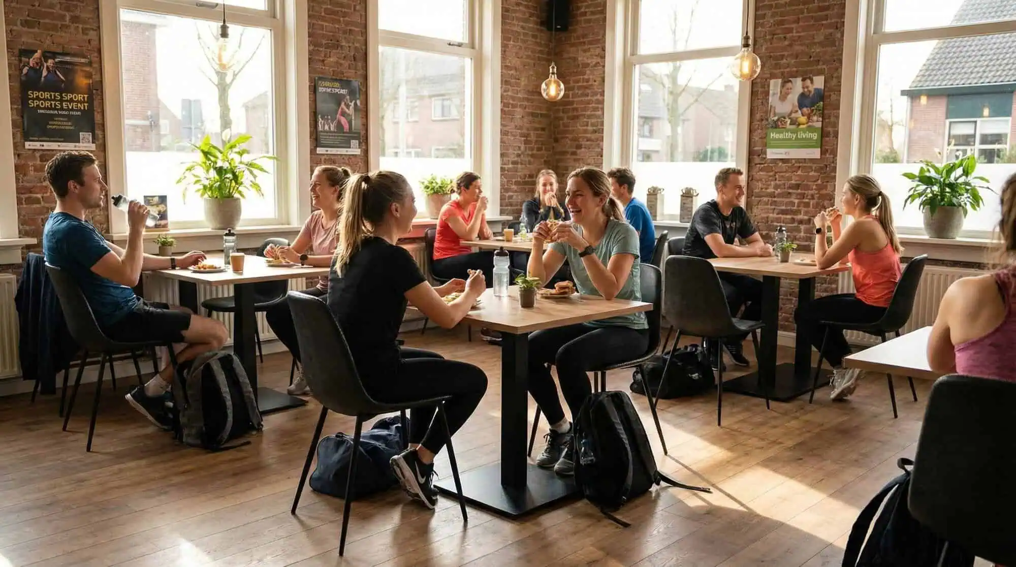 Super-Seat | Charlie Vintage Leder Bucket Chairs schwarz | Schwarze Leder Bucket Chairs und Holztische in einem Café mit Backsteinwänden und großen Fenstern. | Catering Möbel