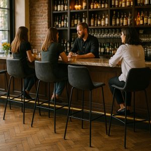 Super-Seat | Charlie Designer Leder Barhocker schwarz | Vier mensen op zwarte leren barkrukken met met metalen onderstel aan houten bar, bij raam. | Horecameubilair
