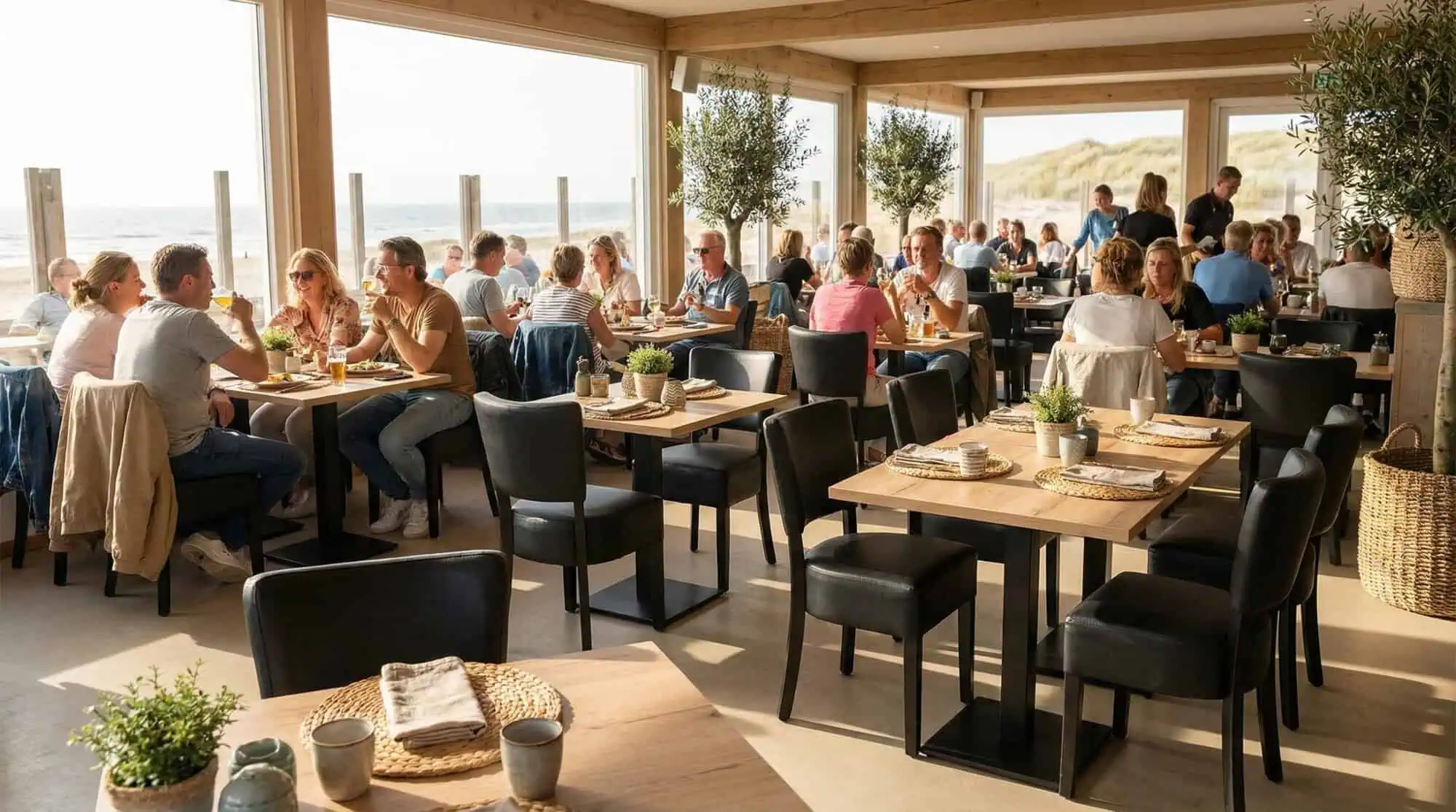 Super-Seat | Schwarze Metallstühle, Holztische, viele Fenster und Ausblicke auf den Strand, Sonnenlicht und Grün. | Catering Möbel