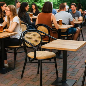 Super-Seat | Schwarze Gurtbandstühle mit Armlehnen und Holztische auf gemauerter Terrasse, dahinter Grün. | Catering Möbel