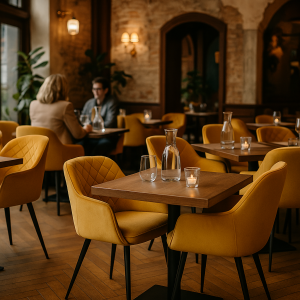 Super-Seat | Diamant Samt Gastfreundschaft Stühle Ocker | Okerkleurige fluwelen stoelen, houten tafels, glaswerk, warme sfeerverlichting. | Horecameubilair