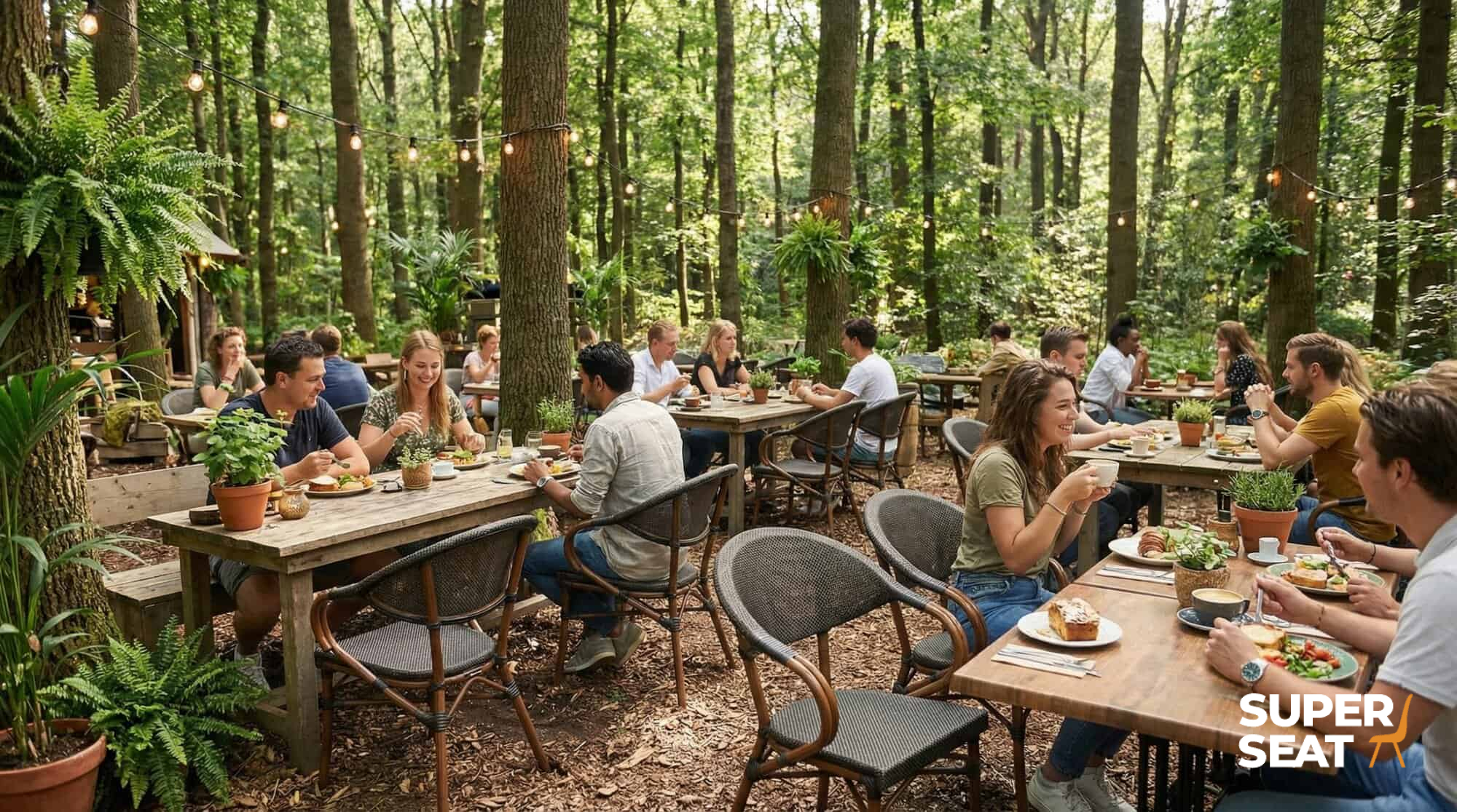 Super-Seat | Stühle und Tische im Waldrestaurant | Braune Textil-Stapelstühle mit Armlehnen und Holztische zwischen Bäumen und Lichtern. | Catering Möbel