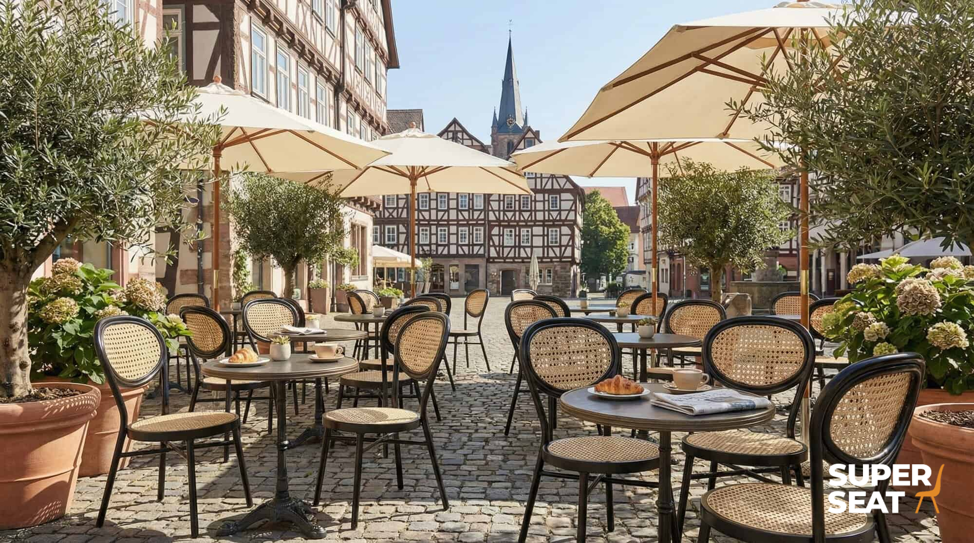 Super-Seat |Ein Open-Air-Café mit schwarzen Terrassenstühlen, Metalltischen, Topfpflanzen auf Pflastersteinen; dahinter Holzgebäude. | Catering Möbel
