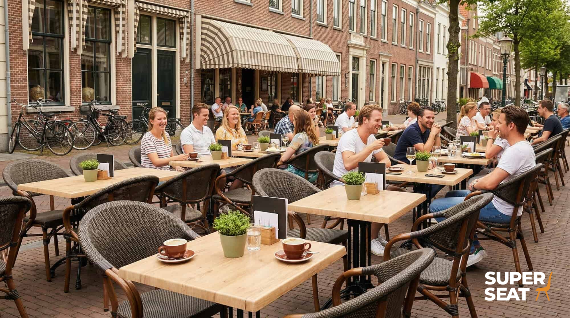 Super-Seat | Braune Textil-Stapelstühle, Holztische, Outdoor auf Klinkern. | Catering Möbel