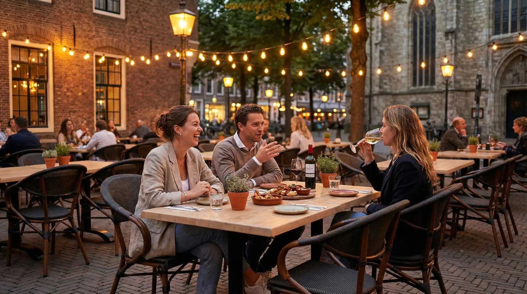 Super-Seat | Sie werden Stühle, Tische, Barhocker, Picknicktische und andere Arten von Tischen und Stühlen vorfinden. | Braune geschwungene Stapelstühle aus Textil mit Armlehnen um einen Holztisch im Freien unter Beleuchtung. | Catering Möbel