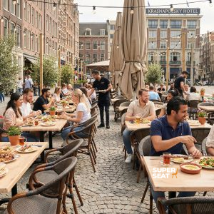Super-Seat | Terrassenstühle Textil-Stapelstuhl Curved Brown mit Arm | Braune Textilstühle mit Armlehnen und Metalltischen auf dem Platz. | Catering Möbel