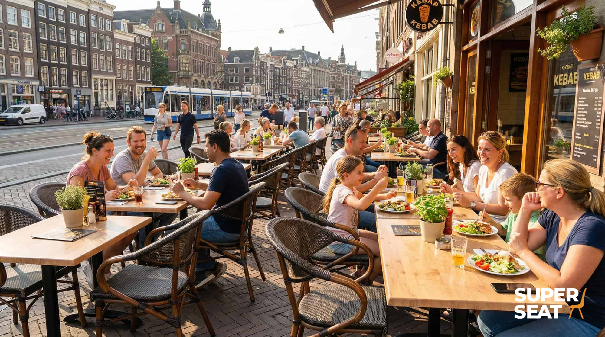 Super-Seat | Textil Gastfreundschaft (Terrasse) Stapelstühle gebogen braun mit Arm | Braun gebogene Textil-Stapelstühle, Metalltisch, Outdoor. | Catering Möbel