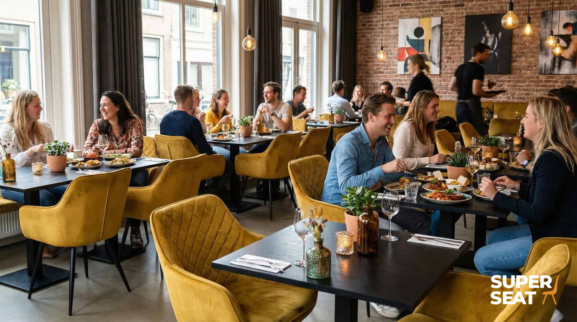 Super-Seat | Diamond fluwelen horeca stoelen oker | Fluwelen okergele stoelen en houten tafels sieren het modern restaurant met planten en grote ramen. | Horecameubilair