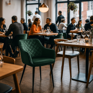 Super-Seat | Diamant Samt Catering Stühle grün | Groene fluwelen stoel aan houten tafel met glazen, bestek en bloem, veel daglicht binnen. | Horecameubilair