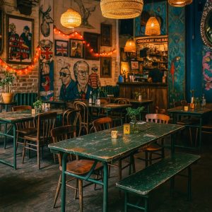 Super-Seat | Ein gemütliches Café mit Vintage-Tischen und unpassenden Stühlen | Groen metalen Armee klaptafels, houten vintage veldtafels, gemixte houten en metalen stoelen. | Horecameubilair