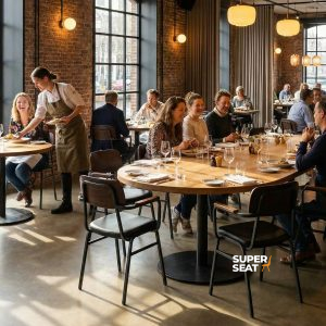 Super-Seat | Maxwell Hospitality Armchairs Cognac | Cognacfarbene Lederstühle und runde Holztische in einem hellen Restaurant mit Backsteinwänden. | Catering Möbel