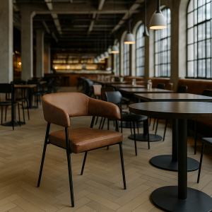 Super-Seat | Maxwell Hospitality Sessel cognac und runde schwarze Tische | Cognacfarbene Lederstühle, schwarze Metalltische, moderne Inneneinrichtung. | Catering Möbel