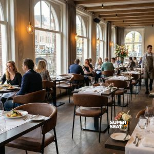 Super-Seat | Cognacfarbene Lederstühle Maxwell, Holzbalken, Tische mit weißen Laken, große Fenster, natürliches Licht und Blumen. | Catering Möbel