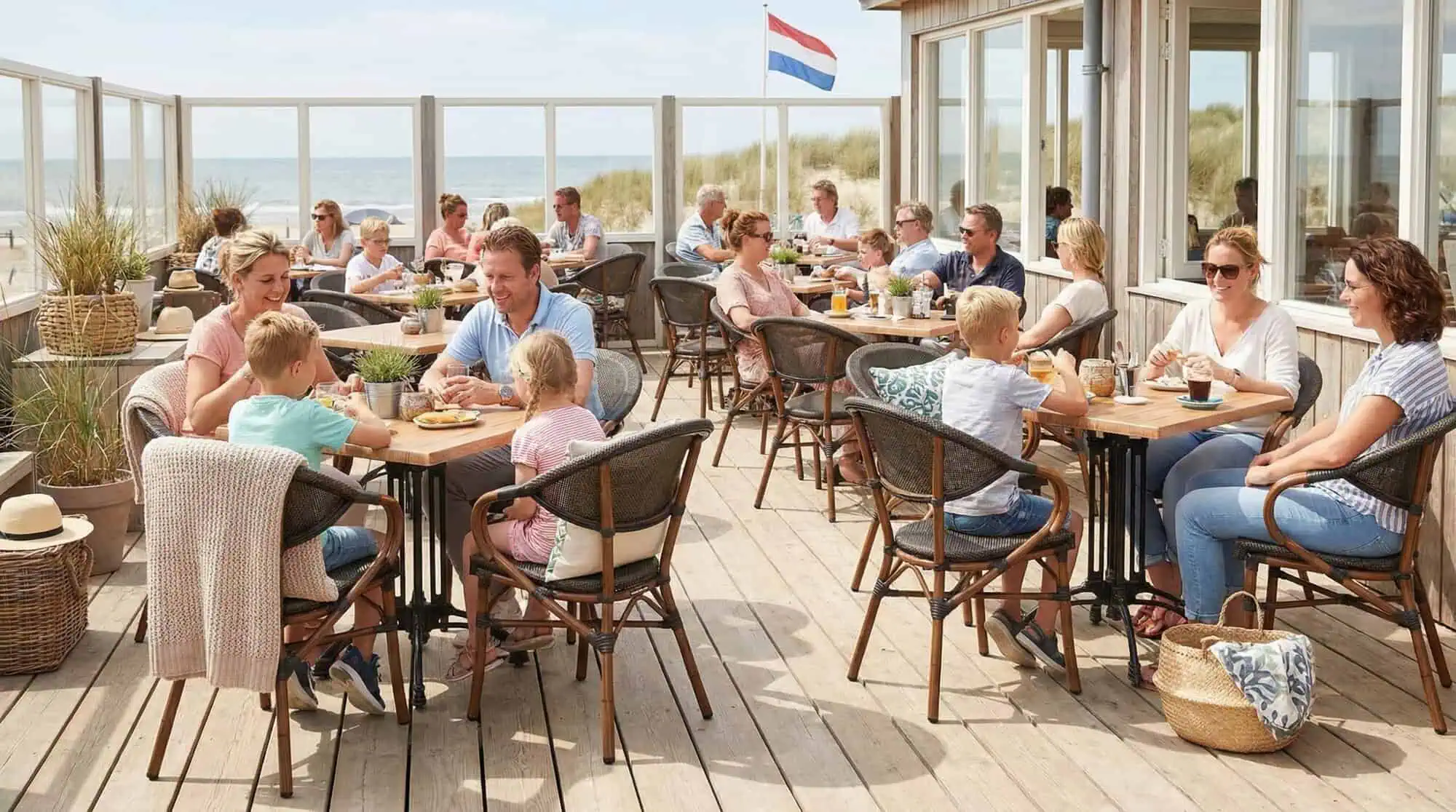 Super-Seat | Terrassenstühle, Tische und Barhocker Braun, Plastik und Metall Terrassenstühle und Tische auf einer Holzterrasse am Strand. | Catering Möbel