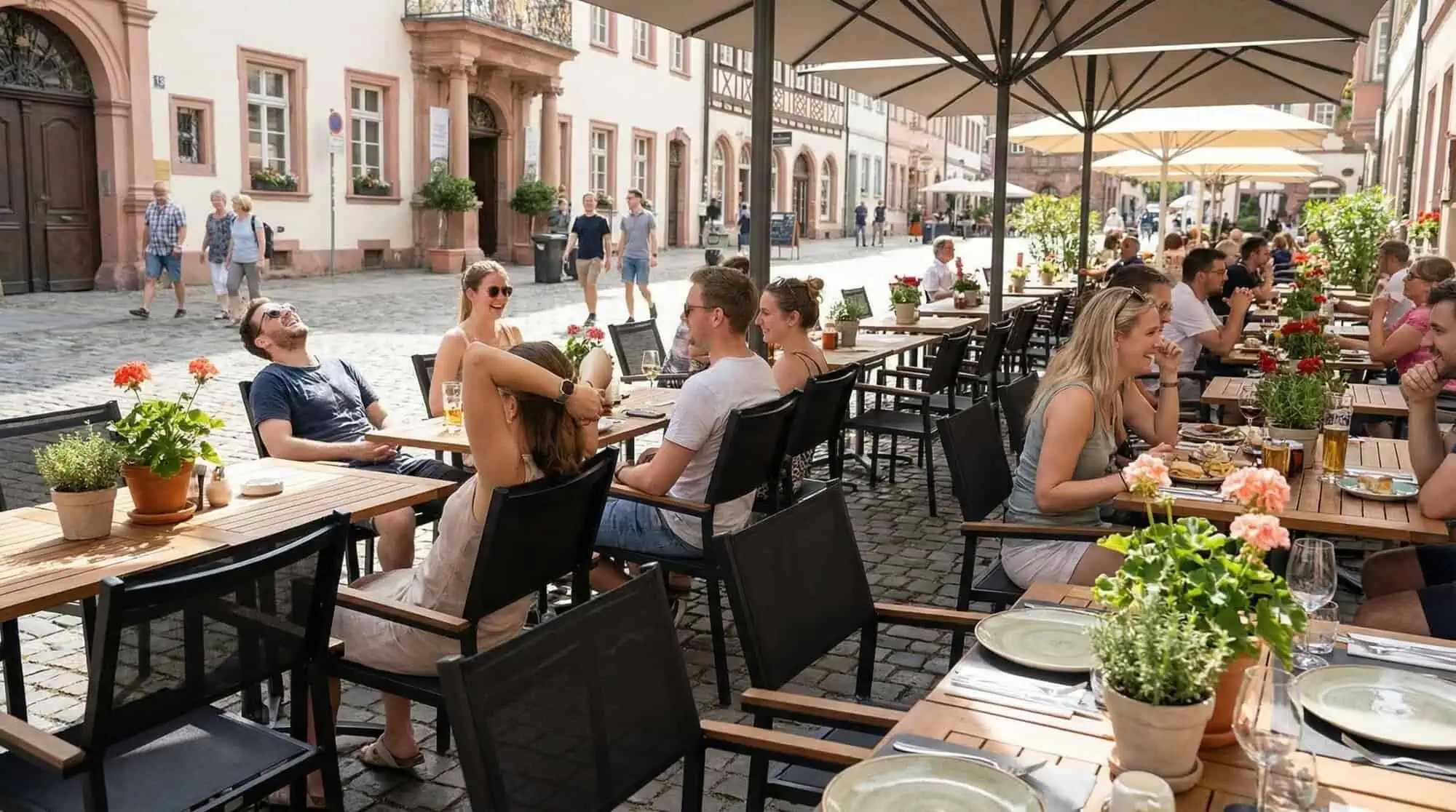 Super-Seat | Terrassenstühle Sunny Black | Schwarze Textilstühle mit Armlehnen, Metalltische, Pflanzgefäße aus Holz und Straßenschirme. | Catering Möbel