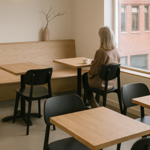Super-Seat | Skandinavisches Design Stühle Bonn schwarz | Zwarte stoelen en lichte houten tafel bij raam, minimalistisch skandinavisch design. | Horecameubilair