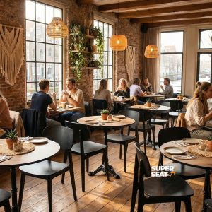 Super-Seat | Skandinavische Designstühle Bonn schwarz | Schwarzer Stuhl, Holzboden, Tische, Barhocker und Pflanzen in gemütlicher Atmosphäre. | Catering Möbel