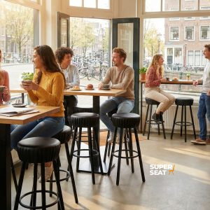 Super-Seat | Schwarze industrielle Barhocker, Holztische; Café voller Pflanzen, große Fenster und Blick nach draußen. | Catering Möbel