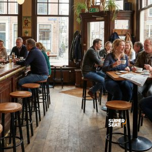 Super-Seat | Holztische, schwarz/braune Barhocker aus Metall, Pub mit großen Fenstern und Menschen. | Catering Möbel