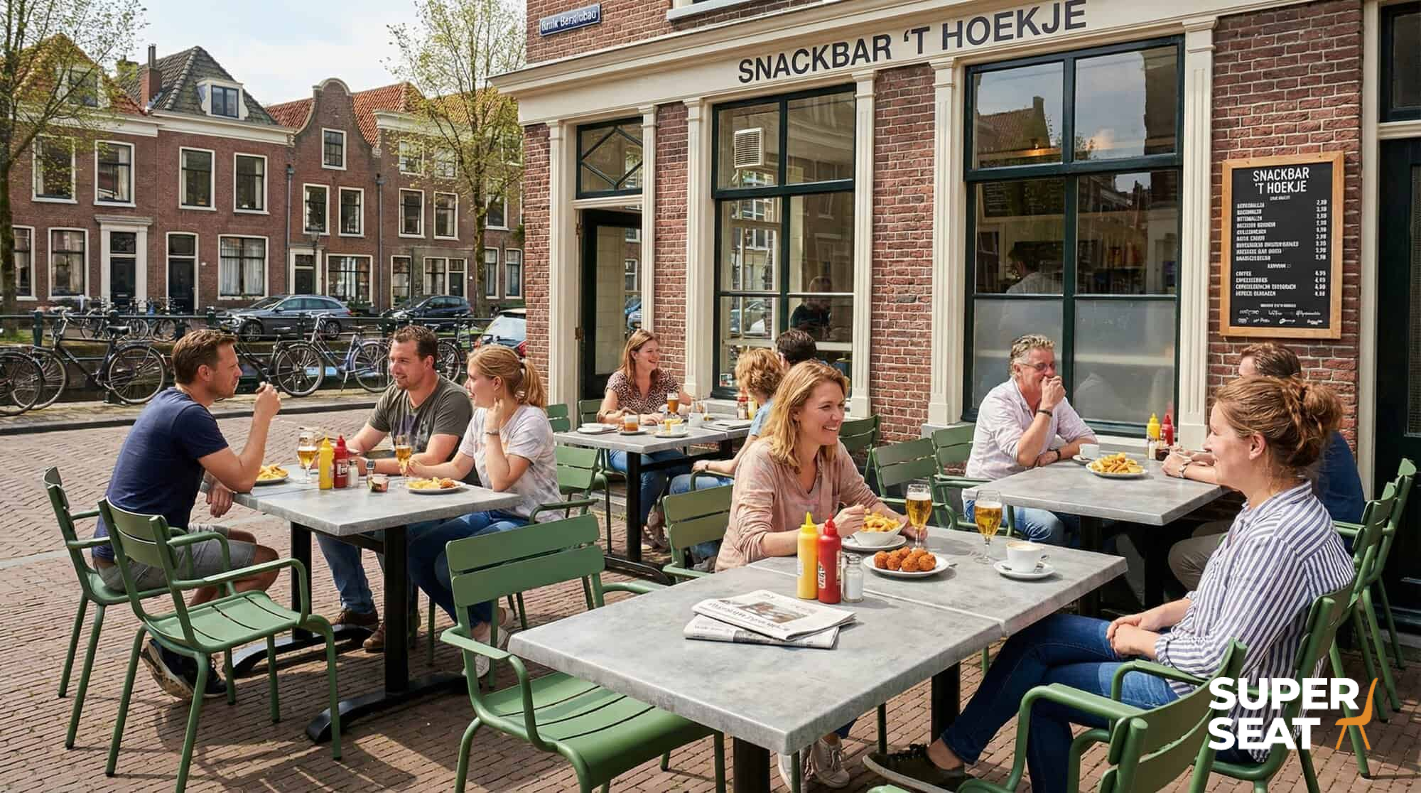 Super-Seat | Sie sehen Stühle aus grünem Metall, Tische und Fahrräder in einer Straße mit Ziegeln und Häusern. | Catering Möbel