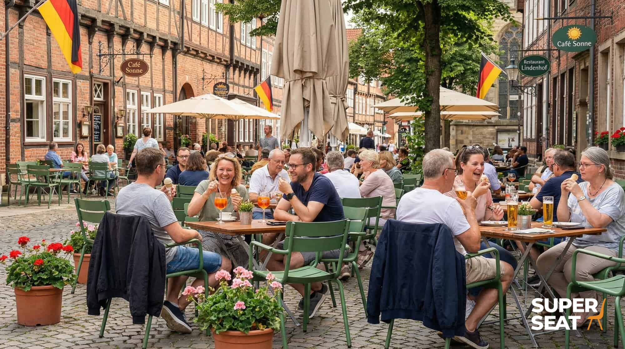 Super-Seat | Grüne Plastiksessel, Metalltische auf Kopfsteinpflaster, deutsche Flaggen, Sonnenschirme. | Catering Möbel
